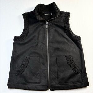 Susan Graver Weekend Faux Suede Chenille Trim Lining Zip Front Vest Black Large